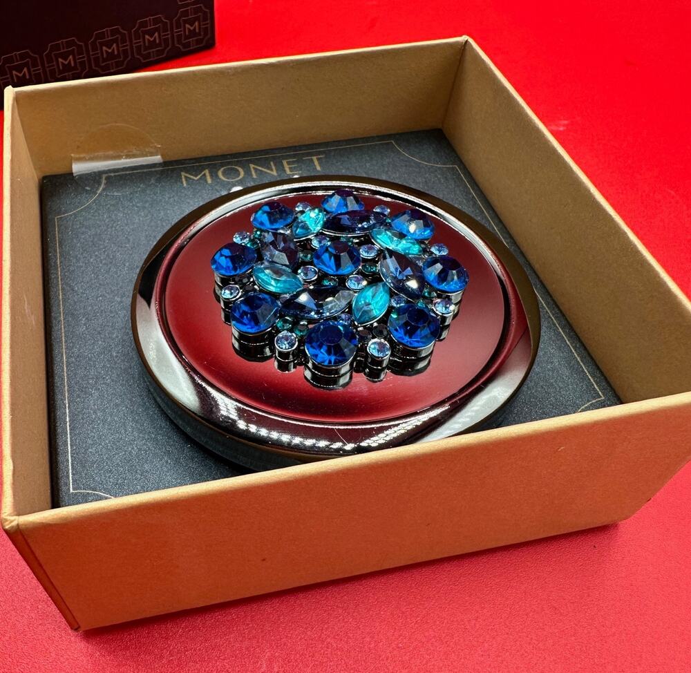 Monet Brilliant Cluster Blues Jewels Rhinestones Double Mirrors Compact Case NEW